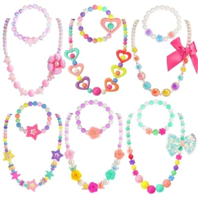 Image of PinkSheep Beaded Necklace and Beads Bracelet for Kids, 6 Sets, Little Girls Jewelry Favors Bags