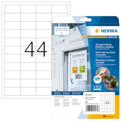 Image of HERMA Self Adhesive Removable Film Labels, 44 Labels per A4 Sheet, 20 Sheets, 48.3 x 25.4 mm, 880 Blank Weatherproof Stickers, Sticky for Laser &amp; Inkjet Printer, White