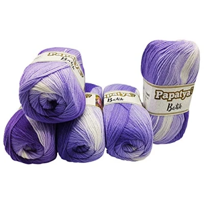 Image of 5 x 100 g Papatya Batik Knitting Yarn Multicoloured with Colour Gradient 500 Colourful (Purple Lilac White 554 08)