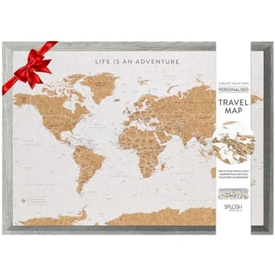 Image of Splosh Large Maps. World Map Pin Board in Grey, Wooden Frame. Cork with 100 Pins 2 Colours to Mark Your Past and Future Adventures. Framed Maps for Wall. (Grey)