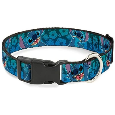 Image of Buckle Down Plastic Clip Collar Stitch Expressions/Hibiscus Collage Green Blue Fade 1&quot; Wide Fits 9 15&quot; Neck Small
