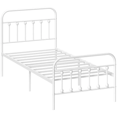 Image of HOMCOM 3ft Single Bed frame with Underbed Storage, Metal Platform Tall Headboard, Footboard and Steel Slat Support, No Box Spring Needed, Easy Assembly, White