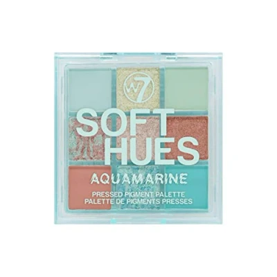 Image of W7 Soft Hues Pressed Pigment Palette Colorway: Aquamarine Tones: Mattes and Duo Chromes Color: Blues, Greens, Golds Nudes Cruelty Free Makeup For Women