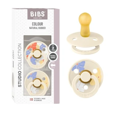 Image of BIBS Colour Studio Soother 2 Pack, BPA Free Dummy Pacifier, Round Nipple. Natural Rubber Latex, Made in Denmark, Size (6 18 Months), Morning Bloom Ivory