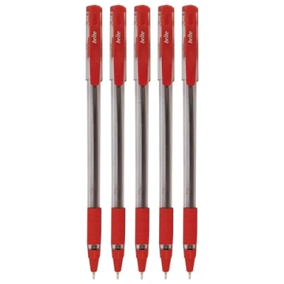 Image of Brite Ballpoint Pens, RED, Fine Point (0.7mm), Pack of 5, Smooth Ball Comfort Grip, Perfect pens for School Office Home Use, iZOFAX Black Pen