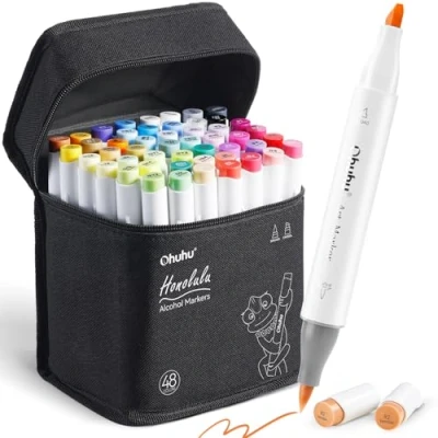Image of Ohuhu Brush Marker Pens 48 Colours, Dual Tip &amp; Chisel Sketch Art for Artist, Students, Markers Sketching, Adult Coloring, Calligraphy, Drawing and Illustration