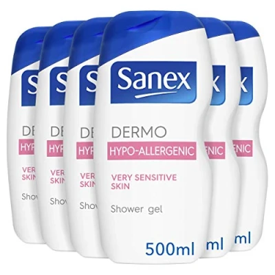 Image of Sanex Dermo Hypo Allergenic Shower Gel 500 ml Pack of 6, For Very Sensitive Skin, No Colourants or Soap, Delicate Skin (6 x ml)