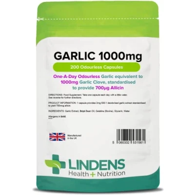 Image of Lindens Garlic 1000mg 200 Odourless Capsules UK Made One A Day Standardised to Provide 700mcg Allicin (Equivalent Fresh Garlic) 6+ Months Supply GMP &amp; Letterbox Friendly