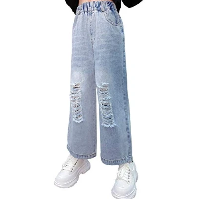 Image of NABER Kids Girls Cool Ripped Jeans Elastic Waist Washed Denim Trousers Wide Leg Jean Age 4 14 Years (Blue2, 9 10 Years)