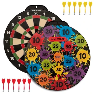 Image of Hy Pro Double Sided Magnetic Dart Board for Kids Classic and Paint Splatter Designs, 12 Safe Darts, 4 Games in 1, 18 Inch, Indoor &amp; Outdoor Game, Portable Durable Ages 3+
