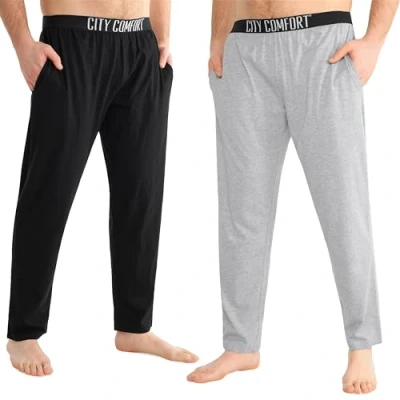 Image of CityComfort Mens Pyjama Bottoms Jersey Lounge Pants with Pockets, Pack of 2 (XL, Black/Grey, Elasticated Waist)