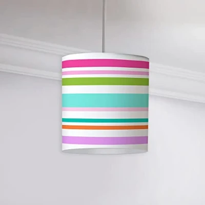 Image of Happy Linen Company Girls Kids Daisy Dino Dinosaur Striped Cylinder Ceiling Pendant Lamp Drum Light Shade 18cm x 21cm
