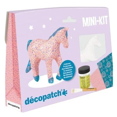 Image of Décopatch Ref KIT010O Horse Mini Kit Suitable for Children Includes White Papier Mache Animal, 2 x Sheets, Brush &amp; Pot of PaperPatch Glue