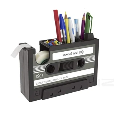 Image of XEMZ Creative Adhesive Tape Pen Holder Case, Retro Cassette Dispenser Vase Brush Pot, Popular Pencil Desk Collection Tidy Organizer, Office Stationery Storage Container Unique Gift (gray)