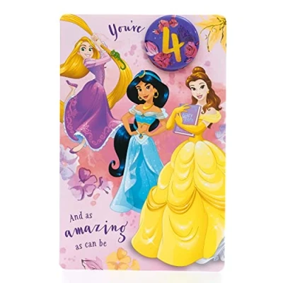 Image of UK Greetings Disney 4th Birthday Card For Her/Girl With Envelope Princess Design Rapunzel, Jasmine &amp; Belle