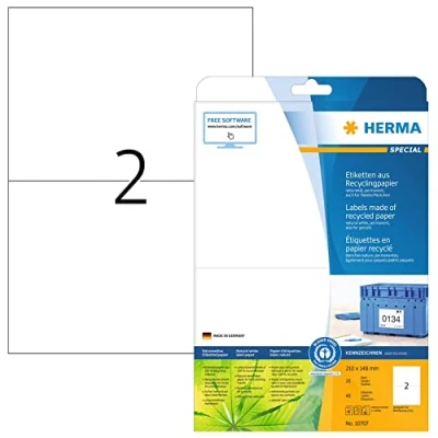 Image of HERMA Self Adhesive Recycling Labels, 2 Labels per A4 Sheet, 20 Sheets, 210 x 148 mm, 40 100% Recycled Paper Stickers, Sticky for Laser &amp; Inkjet Printer, Natural White