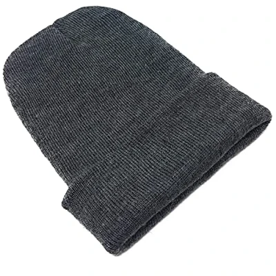 Image of Beanie Hat Mens Ladies Womens Unisex Slouch Winter Woolly Turn Up Knitted (Dark Grey)