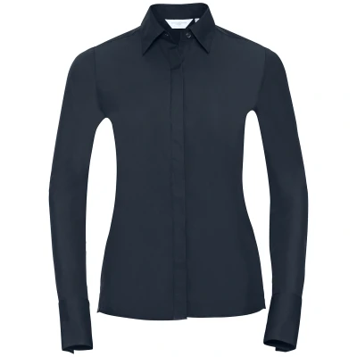Image of Russell Athletic Collection Womens/Ladies Ultimate Stretch Long Sleeved Formal Shirt (Bright Navy) Navy/Blue Size Small