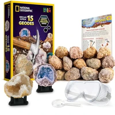 Image of NATIONAL GEOGRAPHIC Break Open 15 Premium Geodes Includes Goggles, Detailed Learning Guide &amp; 3 Display Stands Great Stem Science Gift for Mineralogy Geology Enthusiasts of Any Age