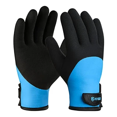 Image of KAYGO Waterproof Thermal Work Gloves, Full Hand Latex Coated, Insulated Liner for Freezer Cold Weather Fishing Winter Outdoor Work, KG140 (Black Blue, Small)