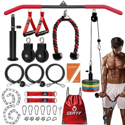 Image of SERTT Cable Pulley System Gym, Tricep Workout for LAT Pulldown, Biceps Curl, Triceps, Shoulders, Back, Forearm Workout, Home Gym Weight Squat Rack, Garage, Red