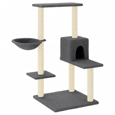 Image of vidaXL Dark Grey Cat Tree Multi Level Sisal Scratching Posts Tower with Basket/Plush House/Perch for Climbing &amp; Relaxing 78x59x95cm