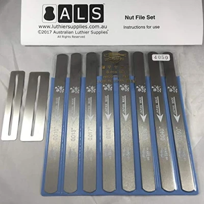 Image of ALS Guitar Nut File Set 8 Piece 10 50 with Instructions (Bonus Fingerboard Guard Set) #4050 Files Made in Japan by Uo Chikyu Hiroshima Australian Luthier Supplies