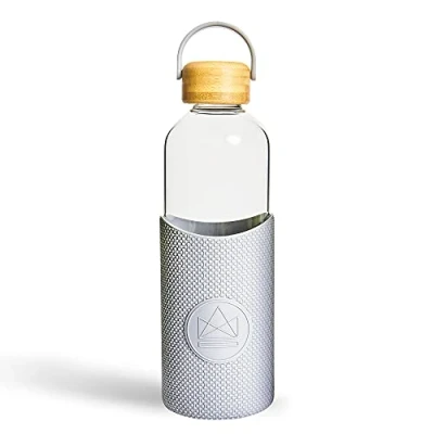 Image of Neon Kactus Glass Water Bottle Clear with Bamboo Lid and Silicone Sleeve Reusable for Hot &amp; Cold Drinks Leakproof, Non Permeable, Slip Forever Young, 1000ml