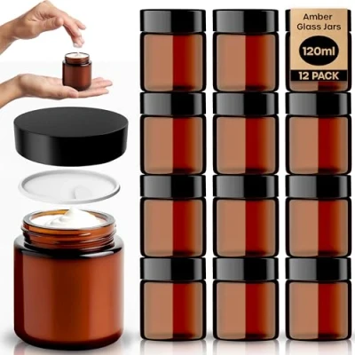 Image of Amber Glass Jars 12 Pack (120ml) with Lids Brown Travel Cosmetic Containers Inner Liner, Spatula and Lid Pots UV Protection for Powder, Lotion Cream