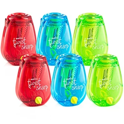 Image of Bostitch Pencil Sharpener Twist N Sharp Colored Manual Small Sharpeners Hand Held, 6 Pack, Covered, Single Hole, Lime Green, Blue and Red Color Portable Handheld with Cover for Kids