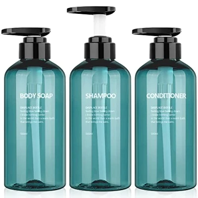 Image of WeeGoo 3Pcs 500ML Empty Blue Plastic Pump Soap Dispenser Reusable and Refillable with Wash Hand Liquid, Shower Gel, Shampoo Conditioner Bottles