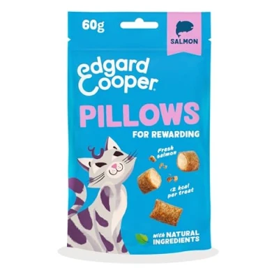 Image of Edgard Cooper natural cat treats, salmon pillows (1 x 60g bag), packed with fresh meat, grain free treats for rewarding, less than 2kcal per treat, ingredients &amp; no added sugar