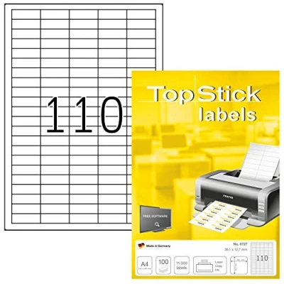 Image of TopStick Self Adhesive Multipurpose Labels, 110 Labels per A4 Sheet, 100 Sheets, 38.1 x 12.7 mm, 11000 Blank Universal Stickers, Sticky for Laser &amp; Inkjet Printer, White