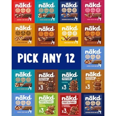 Image of Nakd Selection Pick Any 12 Multipack from 18 Flavours Fruit And Nut Bars 48 x 30 45g, Bars.