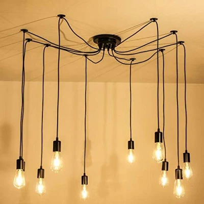 Image of iDEGU Modern and Retro Pendant Light, 10 Arms DIY Spider Chandelier Creative Adjustable 150CM Vintage Ceiling Lamp Fixture with E27 Socket, Black (10 Lights)