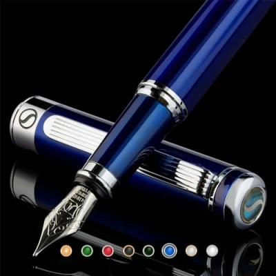 Image of Scriveiner Blue Lacquer Fountain Pen Stunning with Chrome Finish, Schmidt 18K Gilded Nib (Medium), Best Gift Set for Men &amp; Women, Professional, Executive, Office, Nice Pens