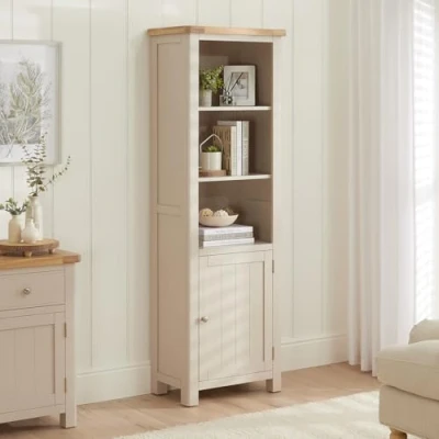 Image of Marbury Putty Grey Painted Tall Narrow Bookcase with 1 Door Cupboard Premium Quality, Versatile Storage Solution Adjustable Shelves, Brushed Nickel Handles H 1800 x W 600 D 360mm