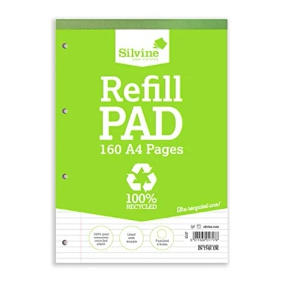 Image of Silvine 160 Page A4 Everyday Recycled Refill Pad, Ruled 8mm Feint with Margin [Pack of 6], White