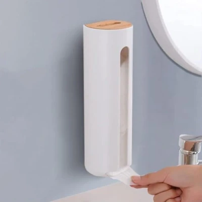 Image of FemKey Cotton Pad Dispenser, Makeup Remover Pads Holder, No Trace Bathroom Wall Mounted Wooden Lid Plastic Storage Box
