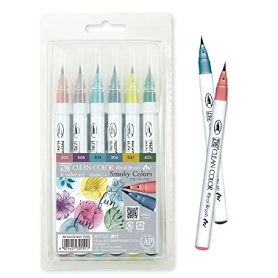 Image of Kuretake ZIG CLEAN COLOR Real Brush 6 colors set, Flexible Pen, Made in Japan (Smoky colors)