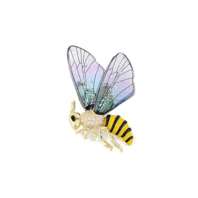 Image of LISADORE Honey Bee Brooch Butterfly Wings Lapel Pin Women Badge Crystal Amber Rhinestones Insect Clothes Bag Jacket Decoration Girl Gift