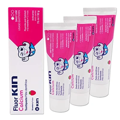 Image of Set of 3 Fluor Kin Toothpaste Childrens Strawberry Flavour with Calcium and Fluoride