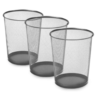 Image of KEPLIN Round Trash Can 3 Pack Silver Non slip Mesh Bin, Stylish &amp; Sturdy Metal Waste Paper Bin for Home, Bedroom, Office, Bathroom, Living Room Kitchen Indoor Garbage Bins with Sleek Design