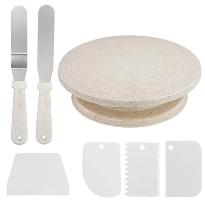 Image of 7 Pcs Cake Decoration Set,Decorating Kits Supplies, Rotating Turntable Tools, Icing Spatula, Smoother Scraper for Easy Frosting Decorating Making (Wheat,Silver)