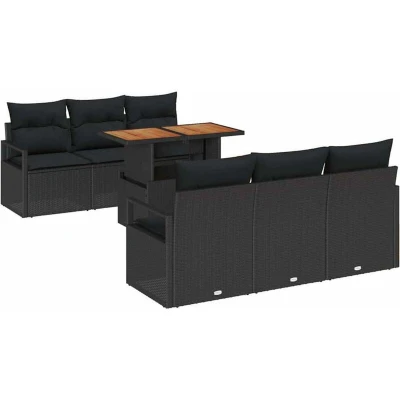 Image of vidaXL 7 Piece Garden Sofa Set with Cushions Black Poly Rattan