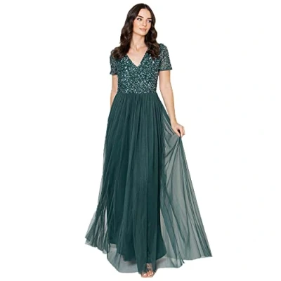 Image of Maya Deluxe Women&#039;s Womens Ladies for Wedding Guest Plus Size Empire High Waist Sequins Short Sleeve Bridesmaid Dress, Emerald Green, 22 UK