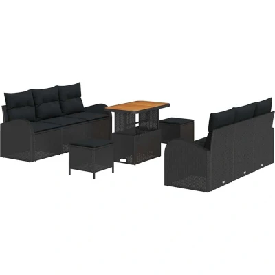 Image of vidaXL 9 Piece Garden Sofa Set with Cushions Black Poly Rattan Acacia