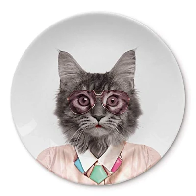 Image of Wild Dining Dinner Plate I Funny 100% Ceramic 9 inch with Goofy Pet Print Novelty Tableware Gift Idea for Students Dishwasher Microwave and Food Safe Cat