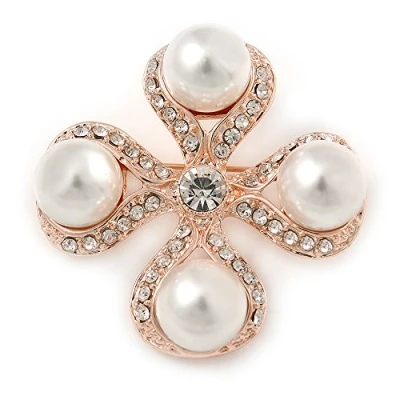 Image of Avalaya Vintage Inspired White Glass Pearl Crystal Cross Brooch in Rose Gold Metal 45mm