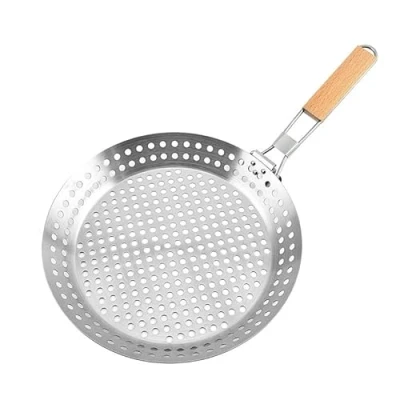 Image of Bafnsiji Stainless Steel Grill Pan with Hole, Non Stick BBQ Frying Pan, Barbecue Skillet, 430 Grilling Pans, Folding Wooden Handle